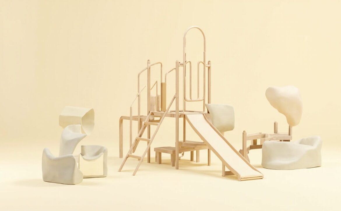 An unoccupied clay-style playground model with a pale wooden climbing frame, steps, slide and rounded play pods on ivory.