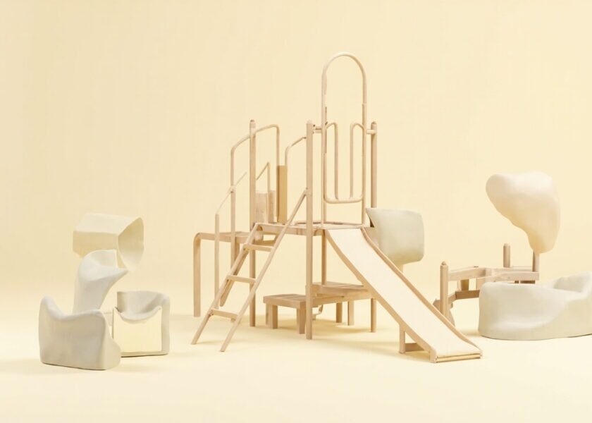 An unoccupied clay-style playground model with a pale wooden climbing frame, steps, slide and rounded play pods on ivory.
