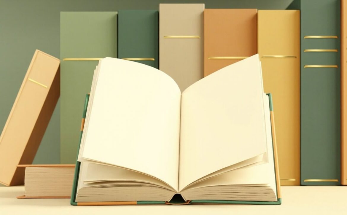 A blank cream picture book opens before a neat shelf of muted green, ochre and tan books.