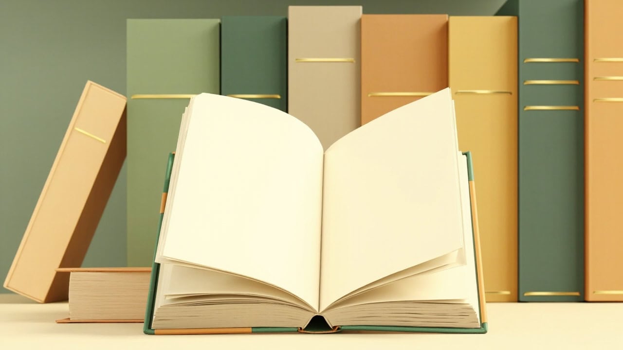 A blank cream picture book opens before a neat shelf of muted green, ochre and tan books.