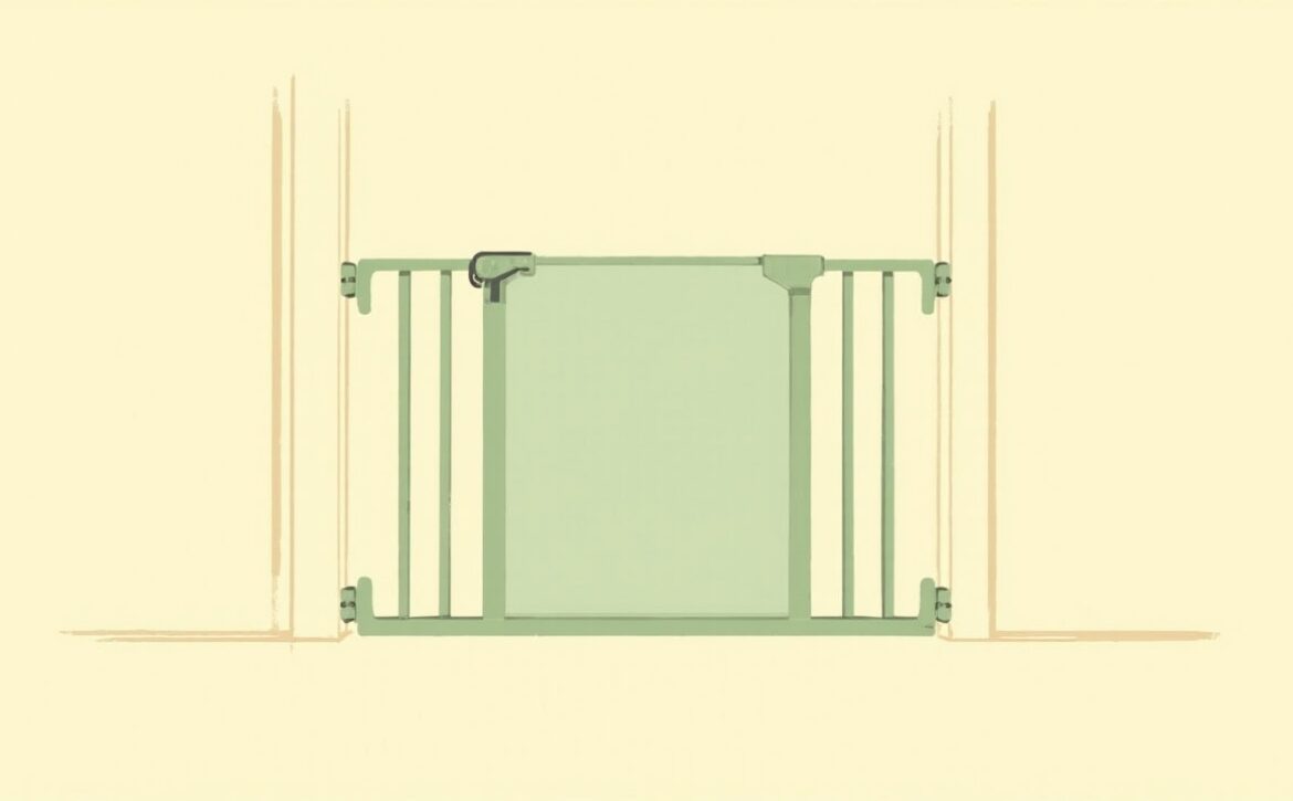 Flat illustration of a closed muted-green safety gate spanning an ivory doorway on a plain cream background.