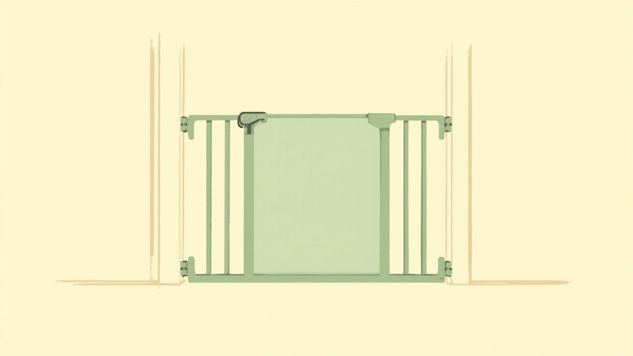 Flat illustration of a closed muted-green safety gate spanning an ivory doorway on a plain cream background.