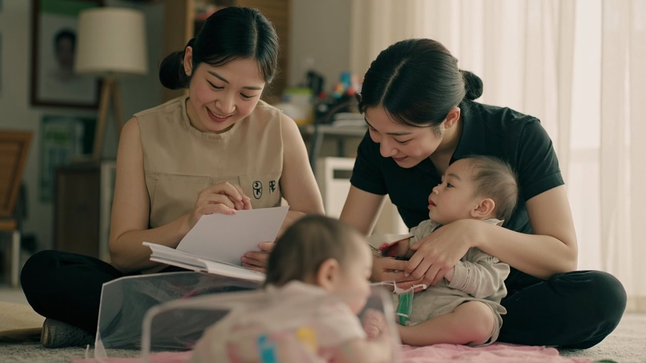 Disclosed AI illustration of a parent and childminder reviewing a plain note while an awake infant plays safely in a Singapore living room