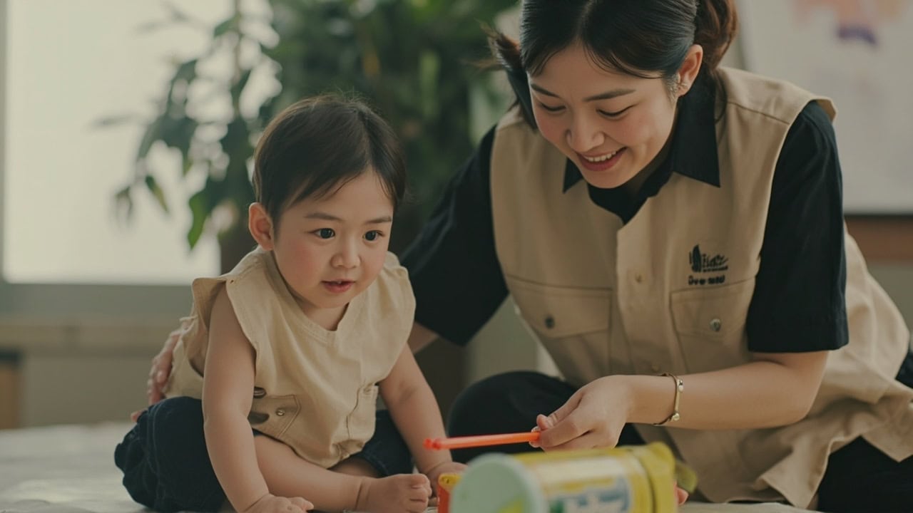 Disclosed generic AI illustration of an infant seated during floor play while a nearby childminder keeps hands ready in a Singapore home