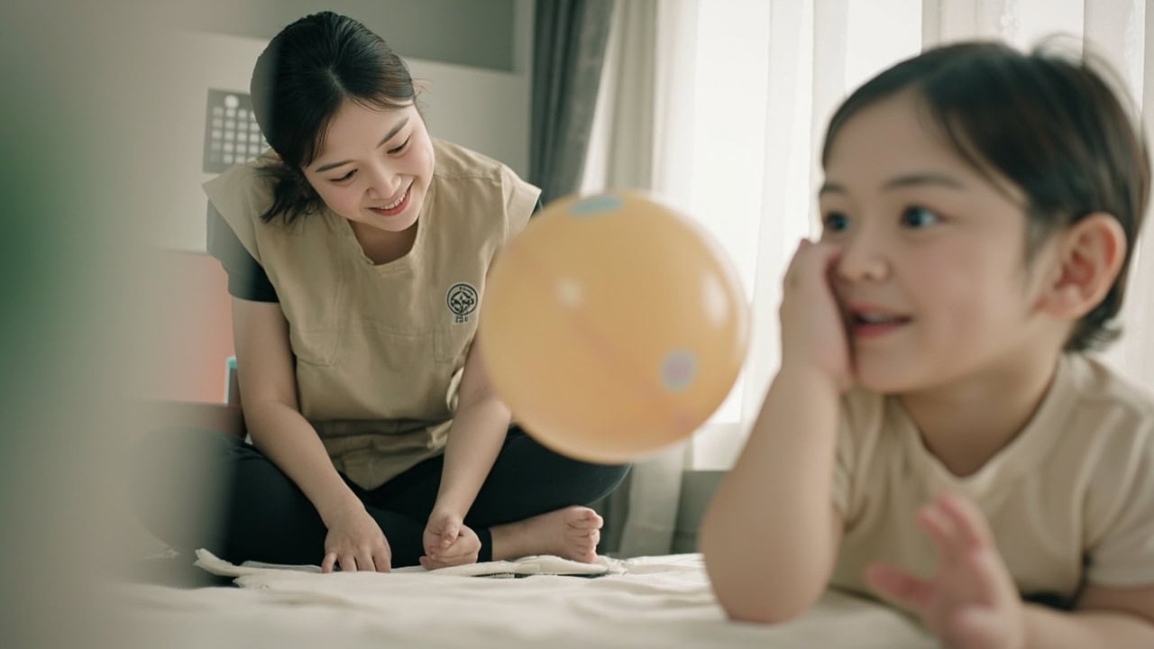 Disclosed AI illustration of an infant looking toward an oversized soft ball held by a nearby childminder