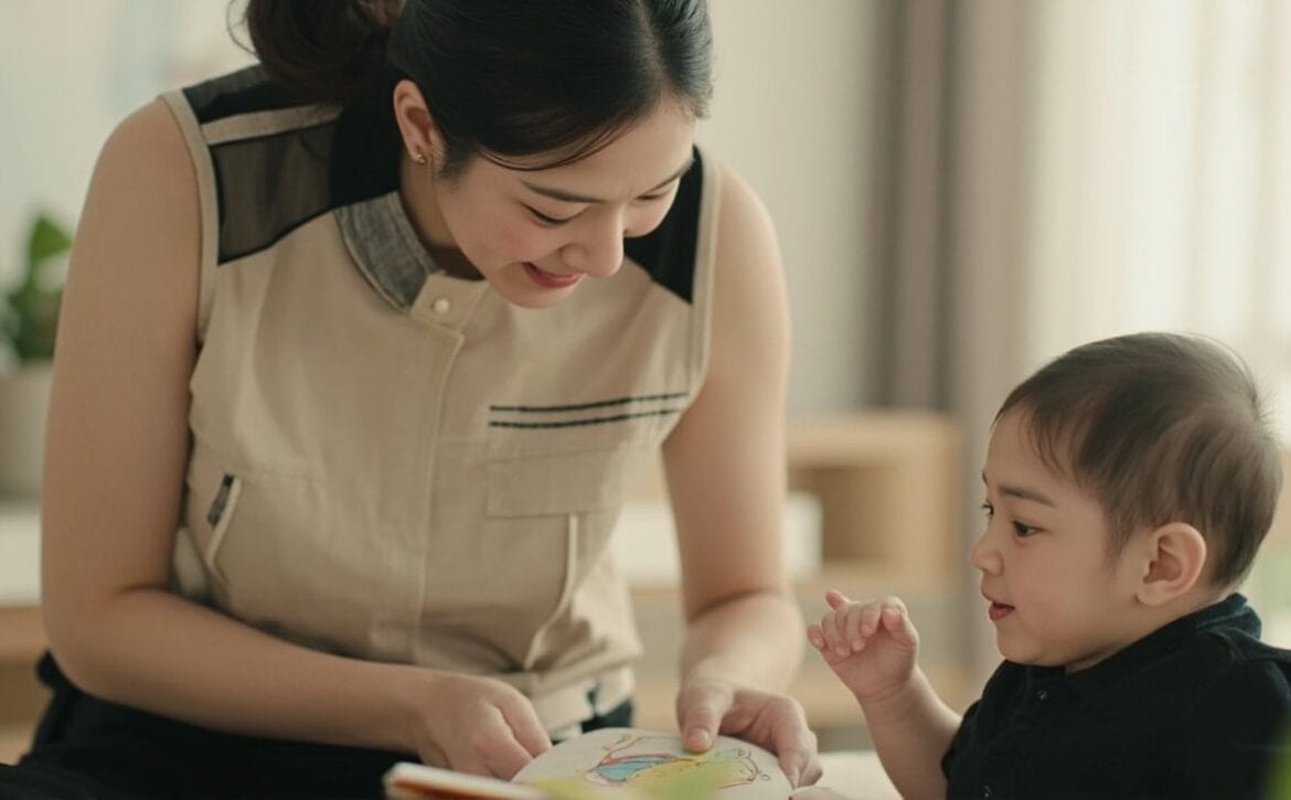 A childminder follows an infant’s gaze towards a cloth picture book in a bright playroom.