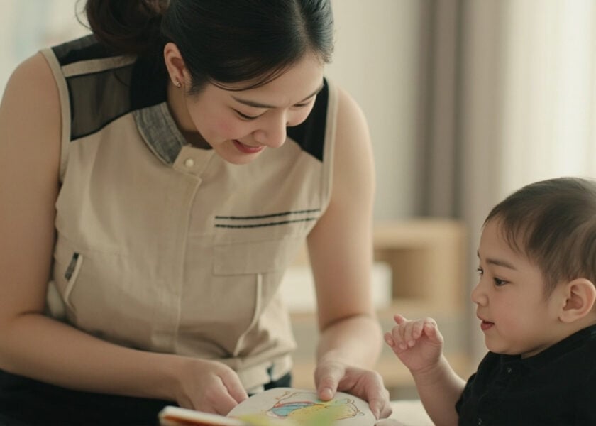 A childminder follows an infant’s gaze towards a cloth picture book in a bright playroom.