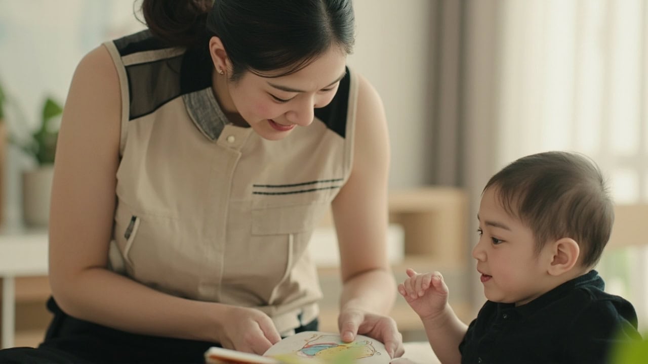 A childminder follows an infant’s gaze towards a cloth picture book in a bright playroom.