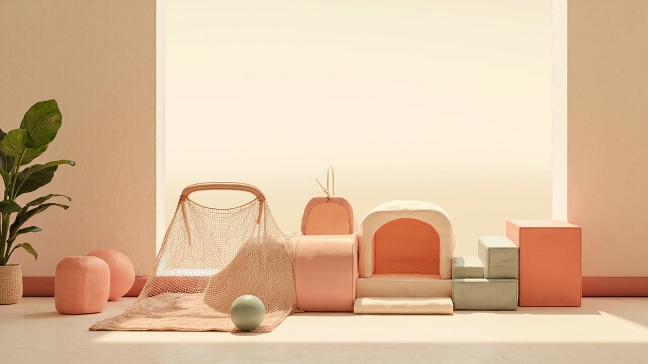 Soft coral-and-cream foam tunnel, open play net and blocks with a small sage ball in a warm, uncluttered interior.