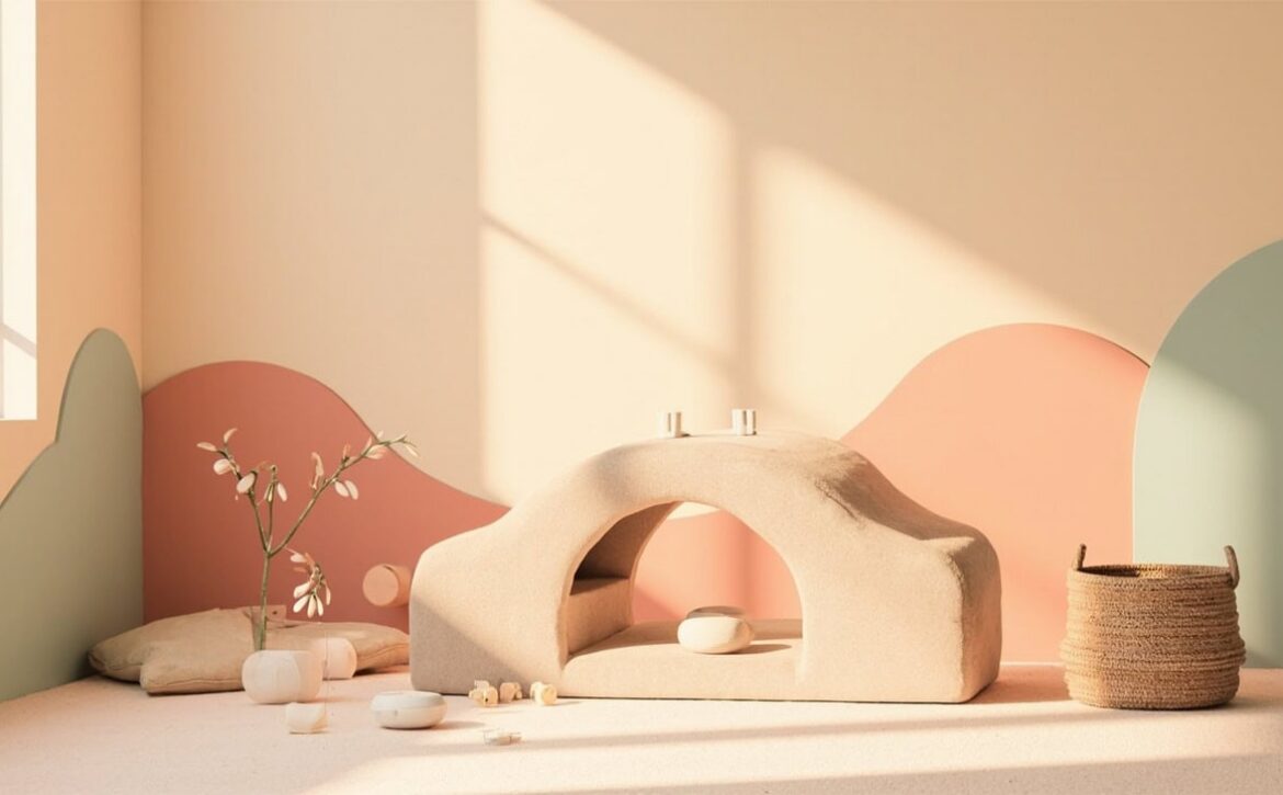 Warm cream still life of a padded play arch, cushions, scattered blocks, a plain basket and vase in a stylised room.