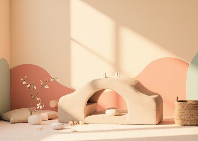 Warm cream still life of a padded play arch, cushions, scattered blocks, a plain basket and vase in a stylised room.