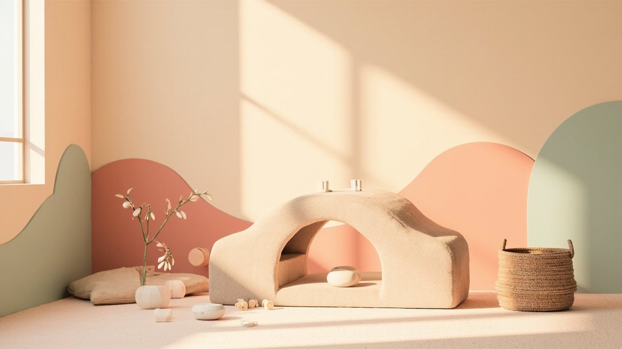 Warm cream still life of a padded play arch, cushions, scattered blocks, a plain basket and vase in a stylised room.