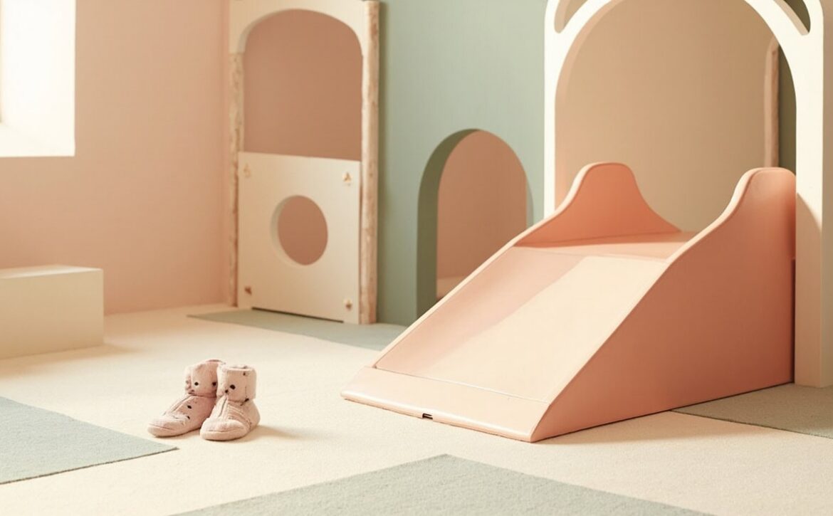 Calm, empty soft-play room with pastel arches, a small slide, floor mats and a pair of grip socks.