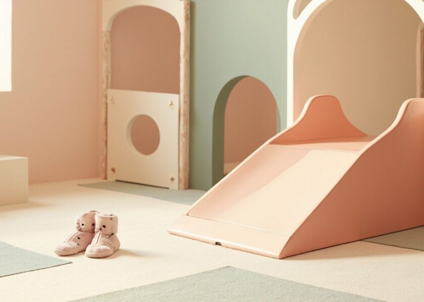 Calm, empty soft-play room with pastel arches, a small slide, floor mats and a pair of grip socks.
