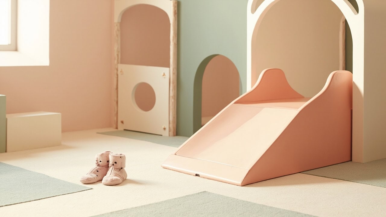 Calm, empty soft-play room with pastel arches, a small slide, floor mats and a pair of grip socks.