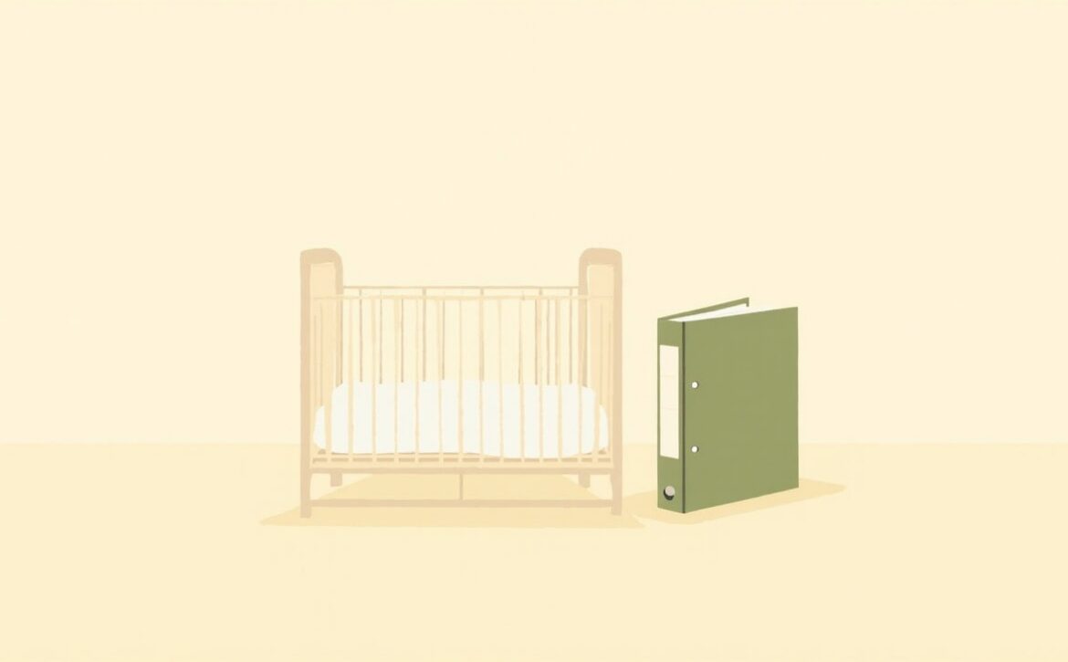 Minimal illustration of an empty cream cot beside a plain upright green binder on a warm ivory background.