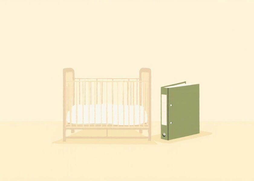 Minimal illustration of an empty cream cot beside a plain upright green binder on a warm ivory background.