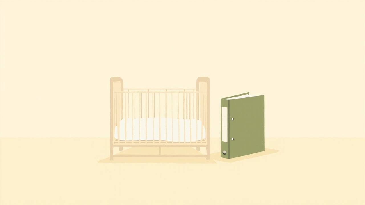 Minimal illustration of an empty cream cot beside a plain upright green binder on a warm ivory background.