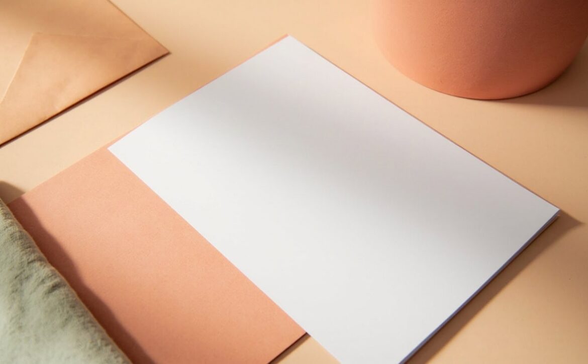 Blank white document on a coral folder, with an unmarked envelope, soft green cloth and plain coral cup on a cream desk.