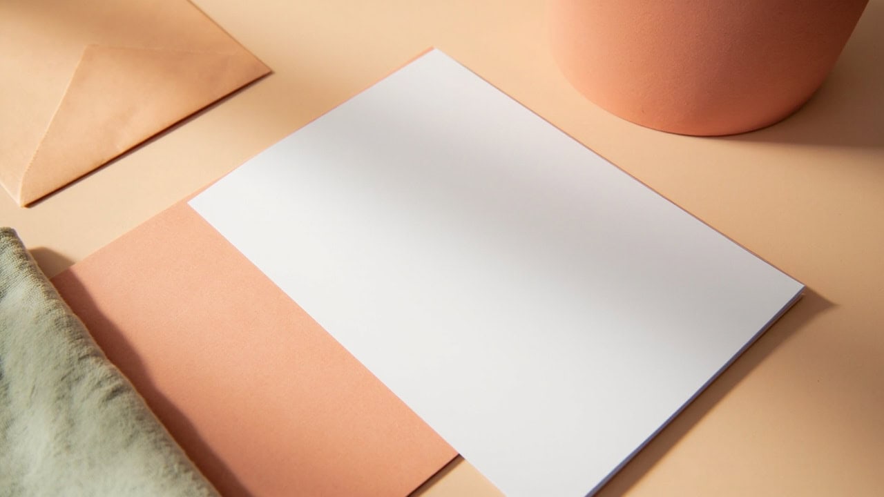 Blank white document on a coral folder, with an unmarked envelope, soft green cloth and plain coral cup on a cream desk.