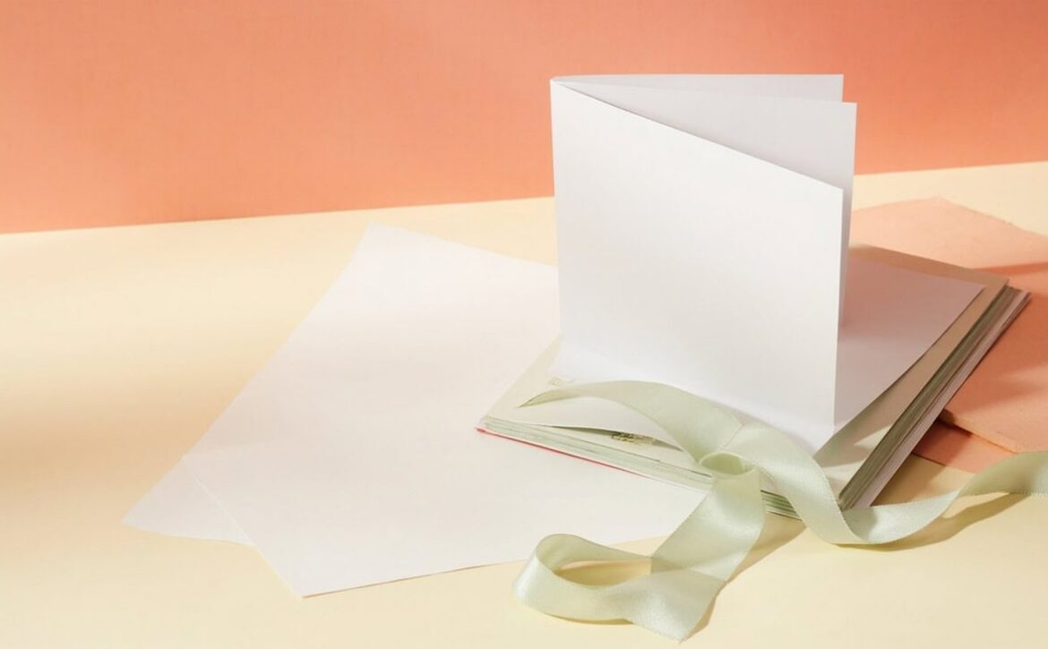 Blank document portfolio, loose paper, pale green ribbon and peach folders arranged on a cream tabletop.