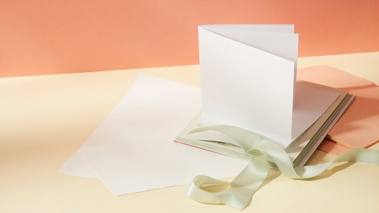Blank document portfolio, loose paper, pale green ribbon and peach folders arranged on a cream tabletop.