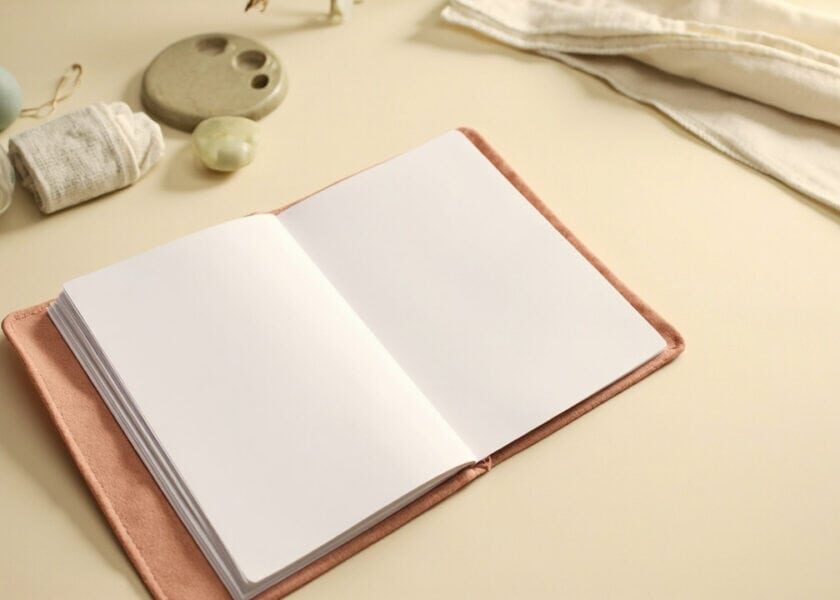 An open blank notebook on a coral folder, surrounded by folded cloths and small glass, ceramic and sage objects.