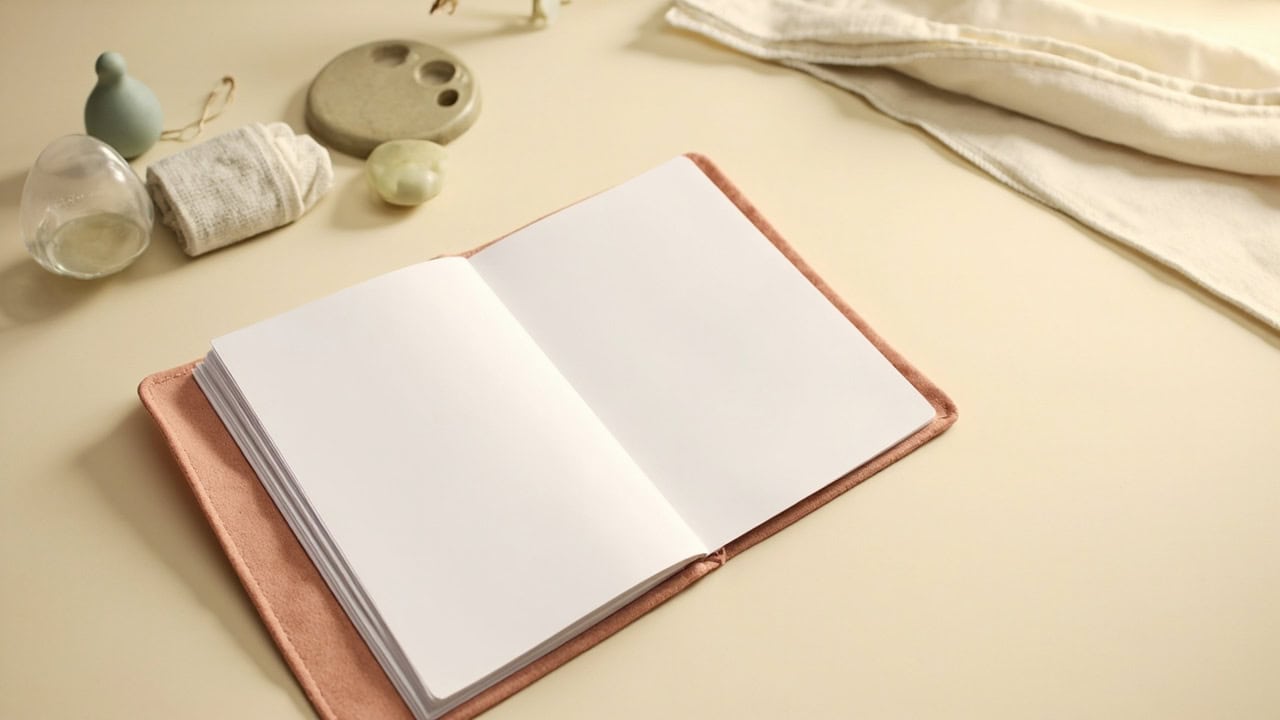 An open blank notebook on a coral folder, surrounded by folded cloths and small glass, ceramic and sage objects.