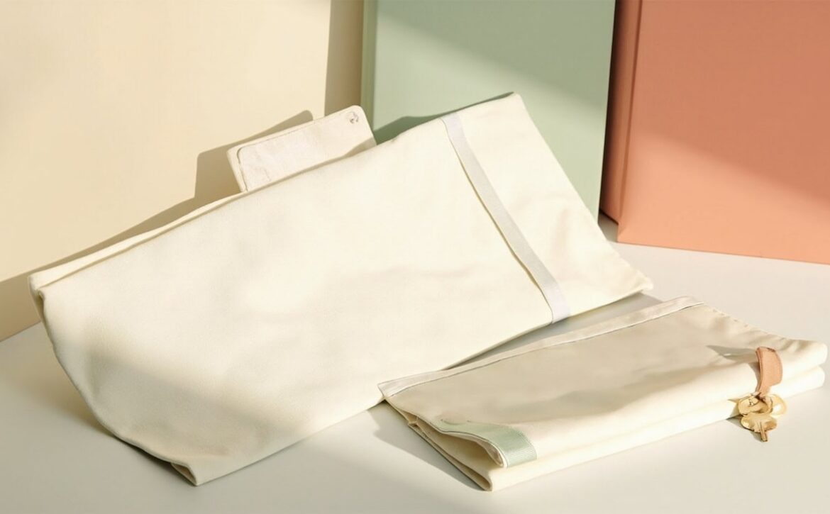 A cream portable changing mat beside blank folders and a small brass key, lit in warm sage and coral tones.