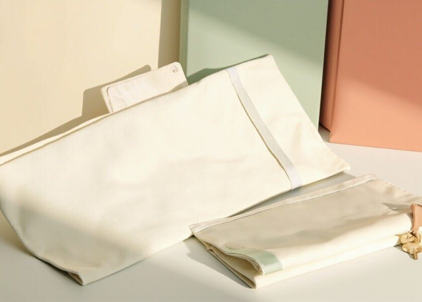 A cream portable changing mat beside blank folders and a small brass key, lit in warm sage and coral tones.