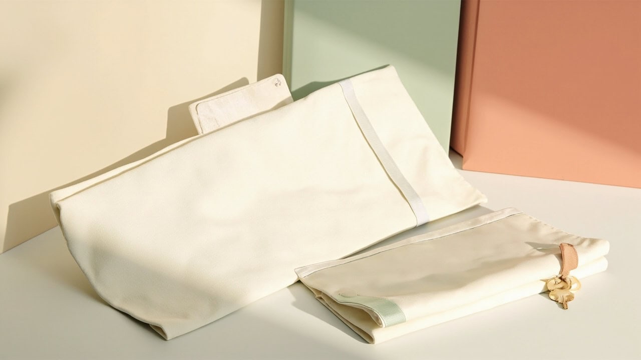 A cream portable changing mat beside blank folders and a small brass key, lit in warm sage and coral tones.