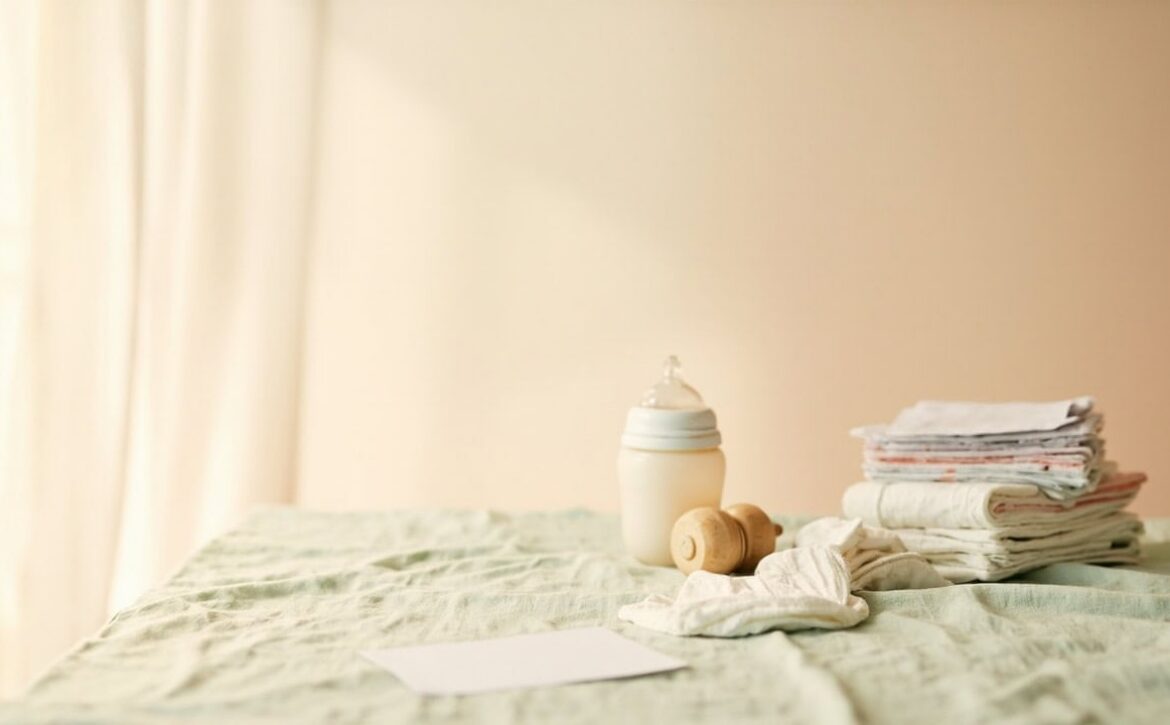 An unbranded baby bottle, wooden toy and folded nappies sit on a sage-green cloth beside blank paper in soft window light.