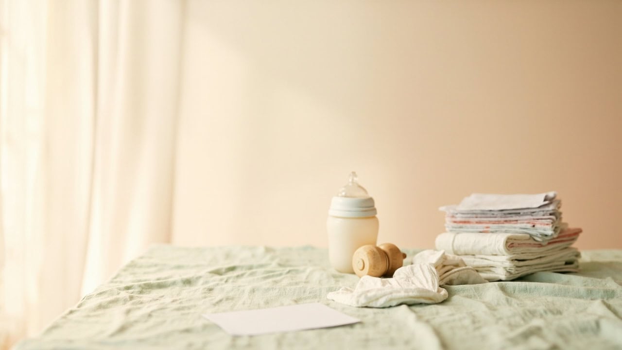 An unbranded baby bottle, wooden toy and folded nappies sit on a sage-green cloth beside blank paper in soft window light.