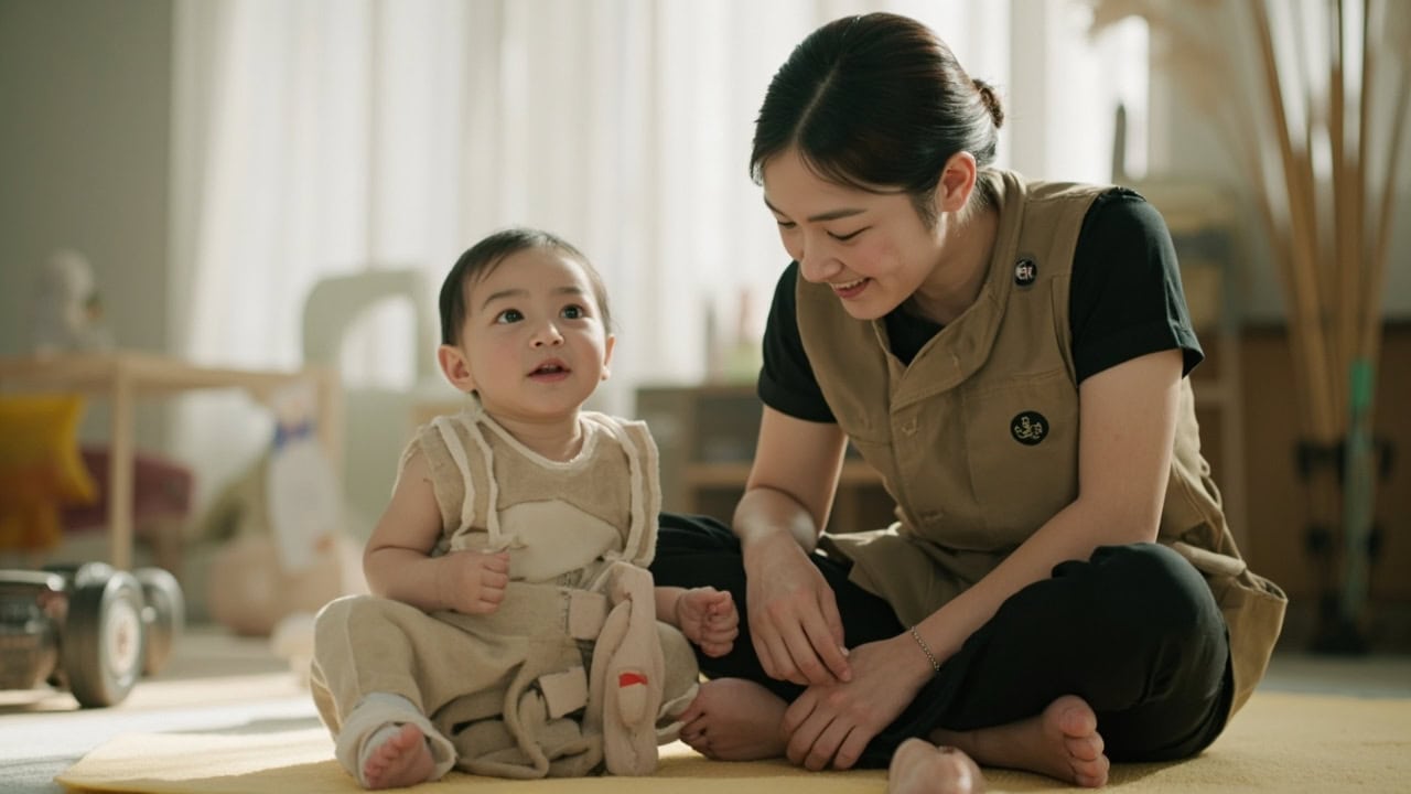 Caregiver stays close and watches an alert infant during supervised floor play