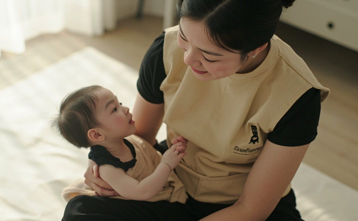 A seated caregiver in a beige tunic supports an awake baby on their lap, meeting the baby’s gaze in a bright, uncluttered room.