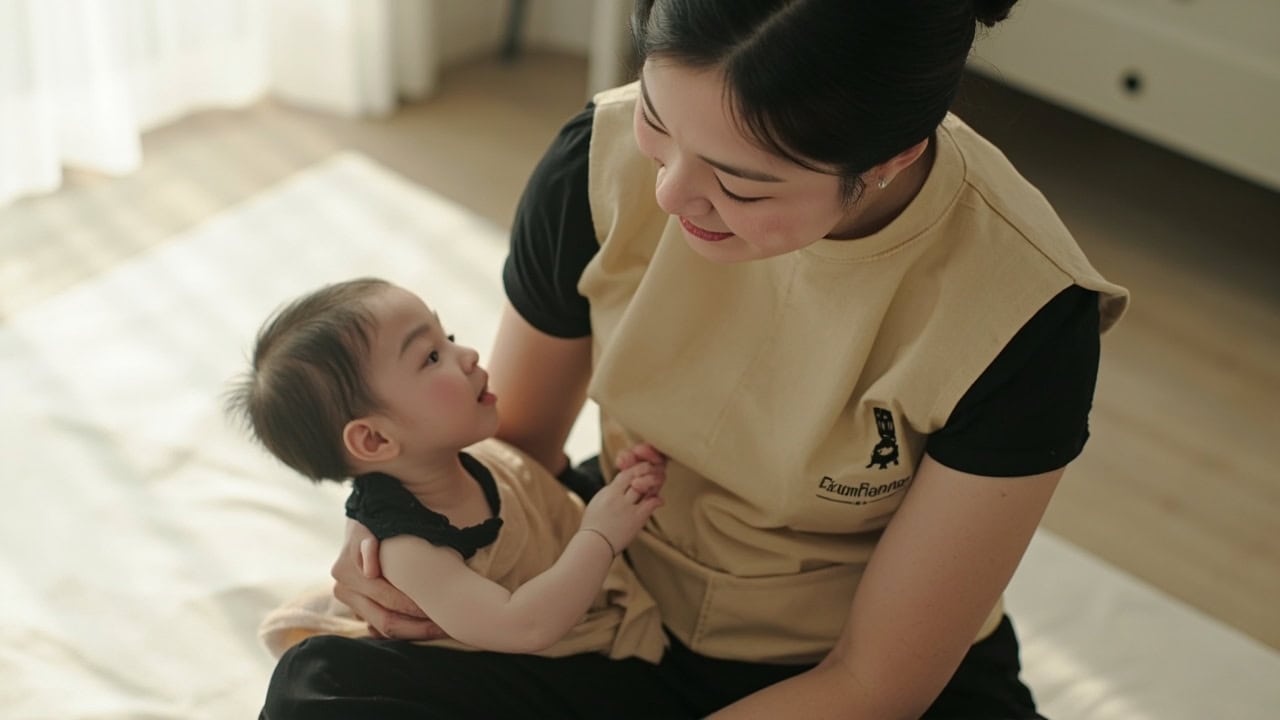 A seated caregiver in a beige tunic supports an awake baby on their lap, meeting the baby’s gaze in a bright, uncluttered room.