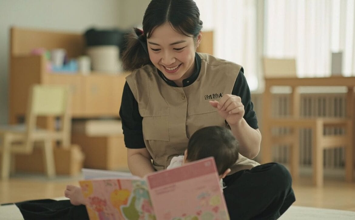 Childminder and infant sharing a cloth book during attentive floor time