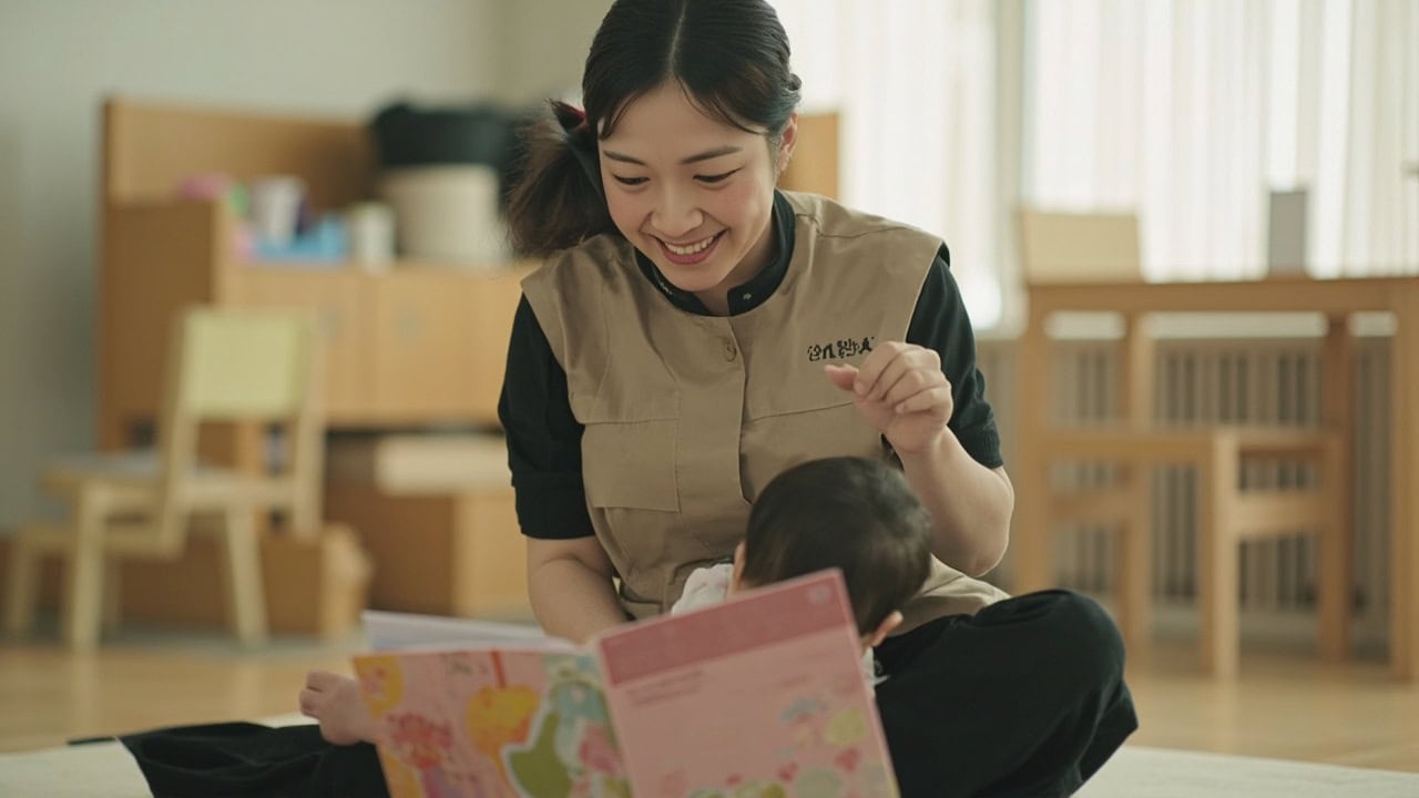 Childminder and infant sharing a cloth book during attentive floor time