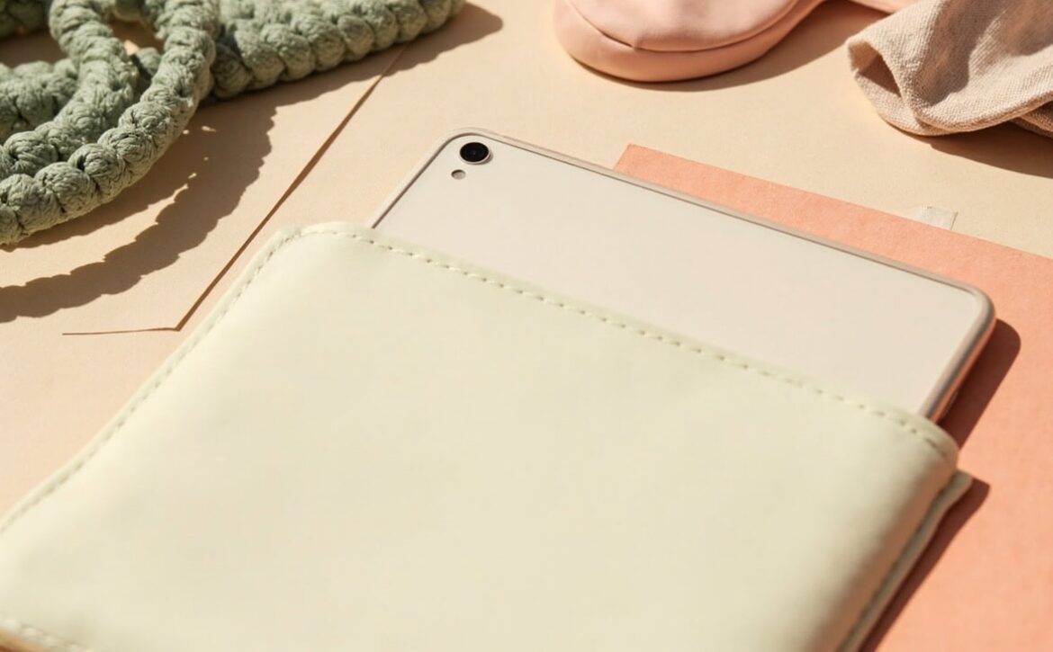 A sleeved unbranded tablet rests on warm papers beside green looped cord and folded fabric in soft light.