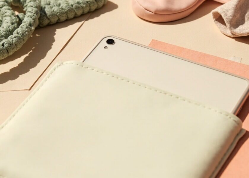 A sleeved unbranded tablet rests on warm papers beside green looped cord and folded fabric in soft light.