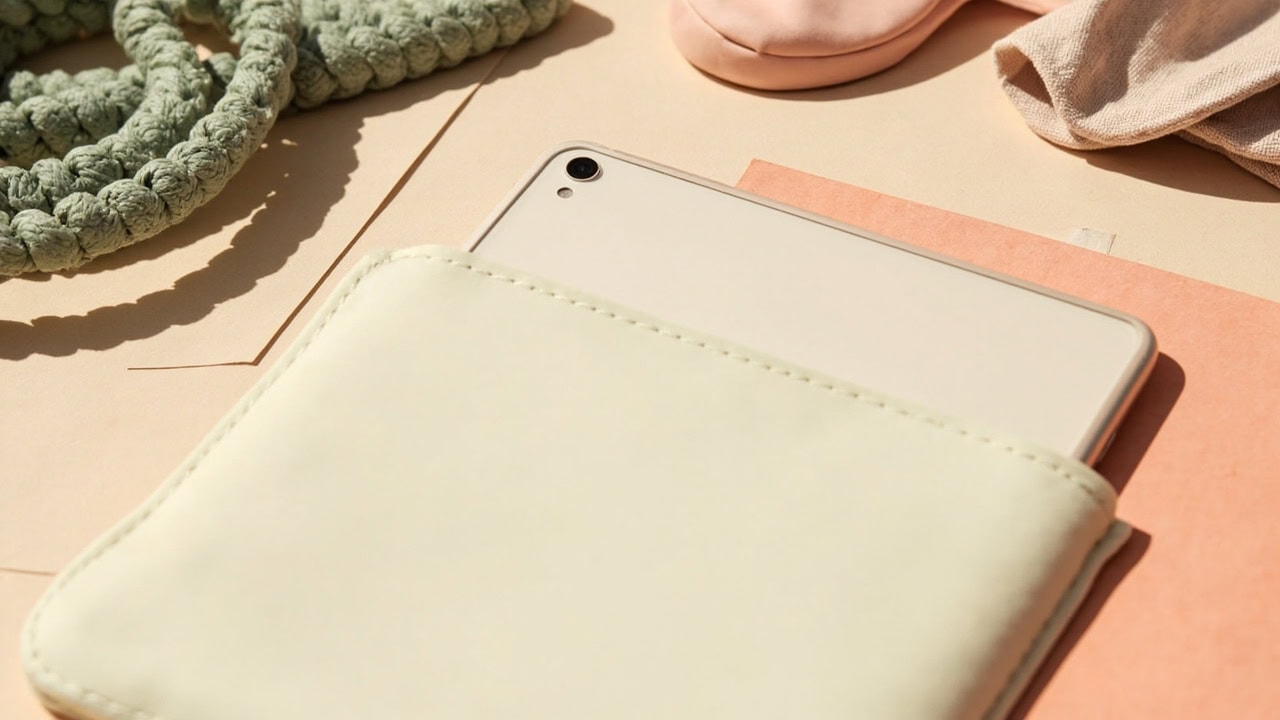 A sleeved unbranded tablet rests on warm papers beside green looped cord and folded fabric in soft light.