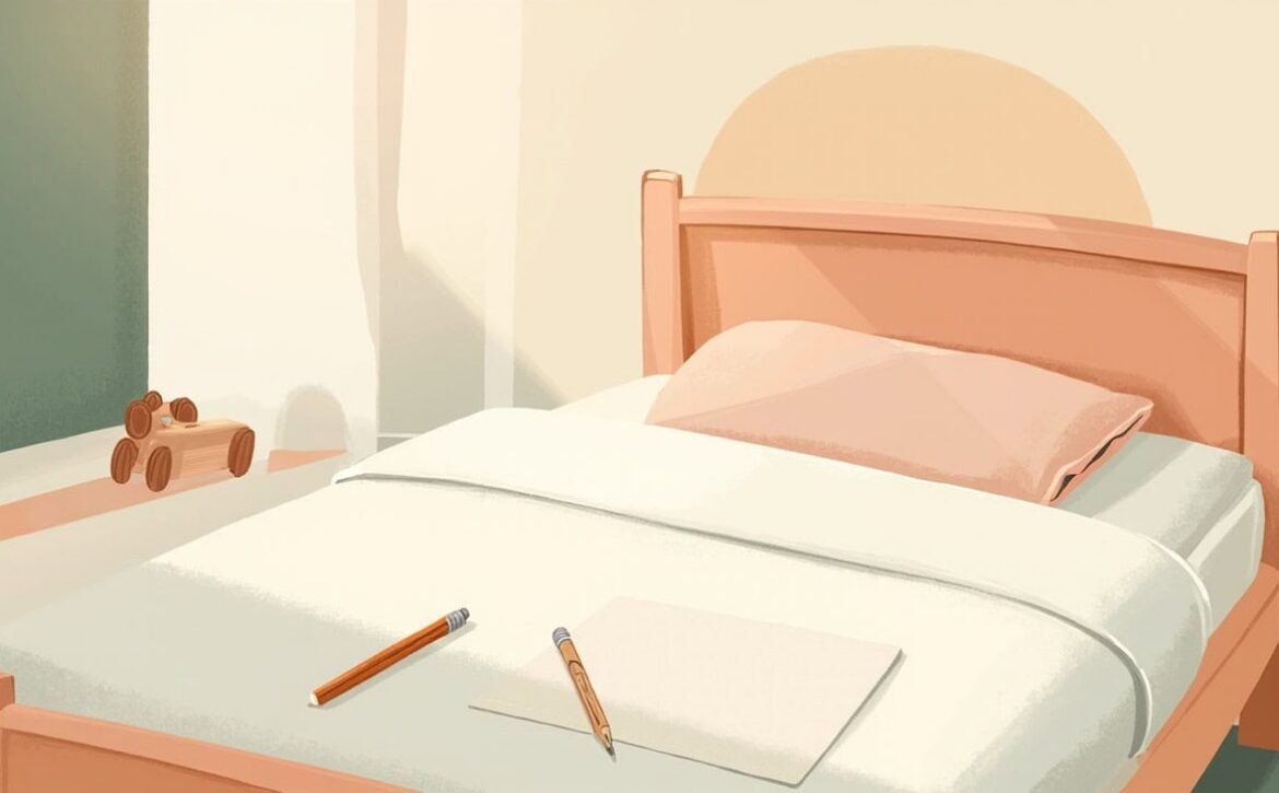 Softly lit illustration of a neatly made single bed with blank paper, two pencils and a simple wooden toy.