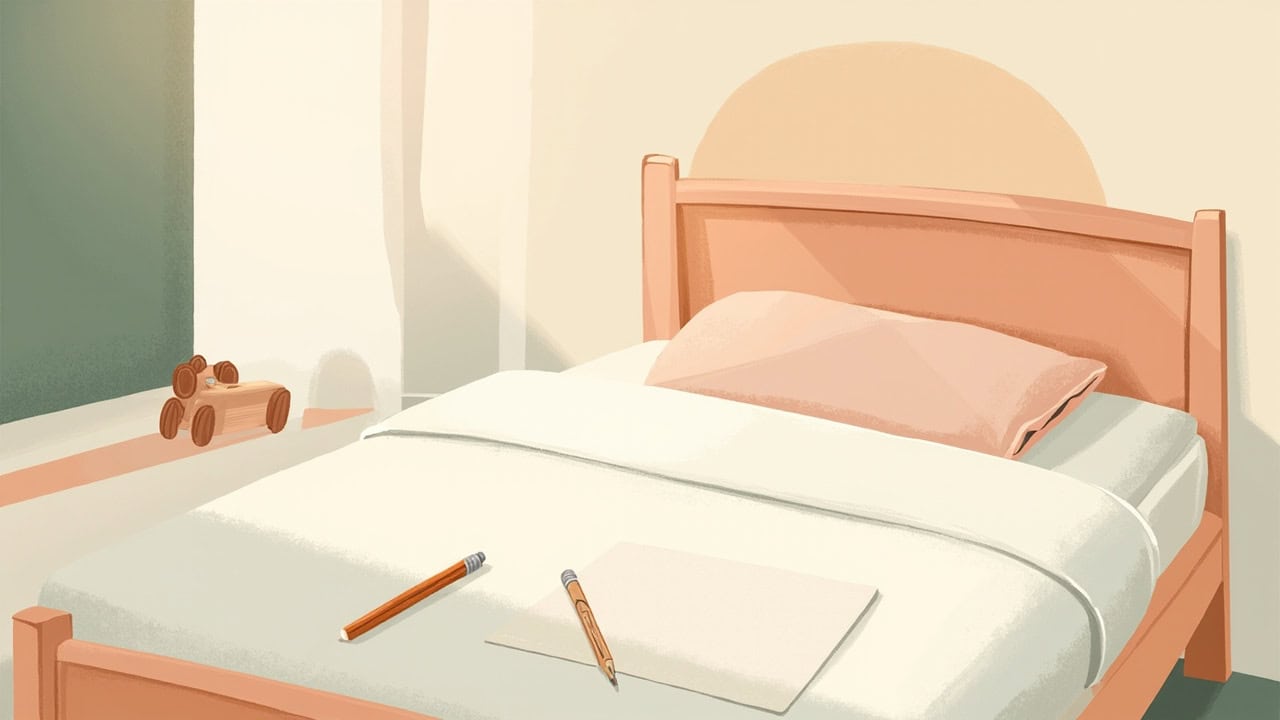Softly lit illustration of a neatly made single bed with blank paper, two pencils and a simple wooden toy.