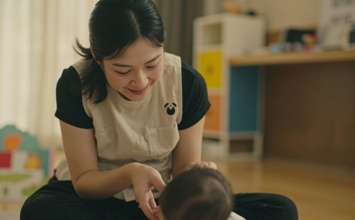 A staged photograph shows a caregiver responding to an infant during floor play in a generic childminding room
