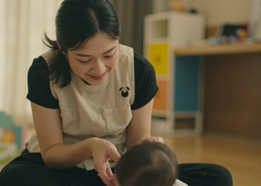 A staged photograph shows a caregiver responding to an infant during floor play in a generic childminding room