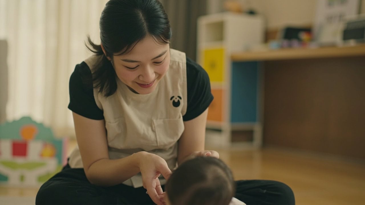 A staged photograph shows a caregiver responding to an infant during floor play in a generic childminding room