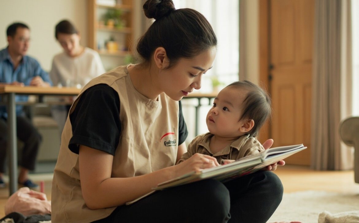 A caregiver in a beige tunic and black sleeves sits on the floor, holding an awake baby while sharing a cloth book. Two adults sit blurred behind them.