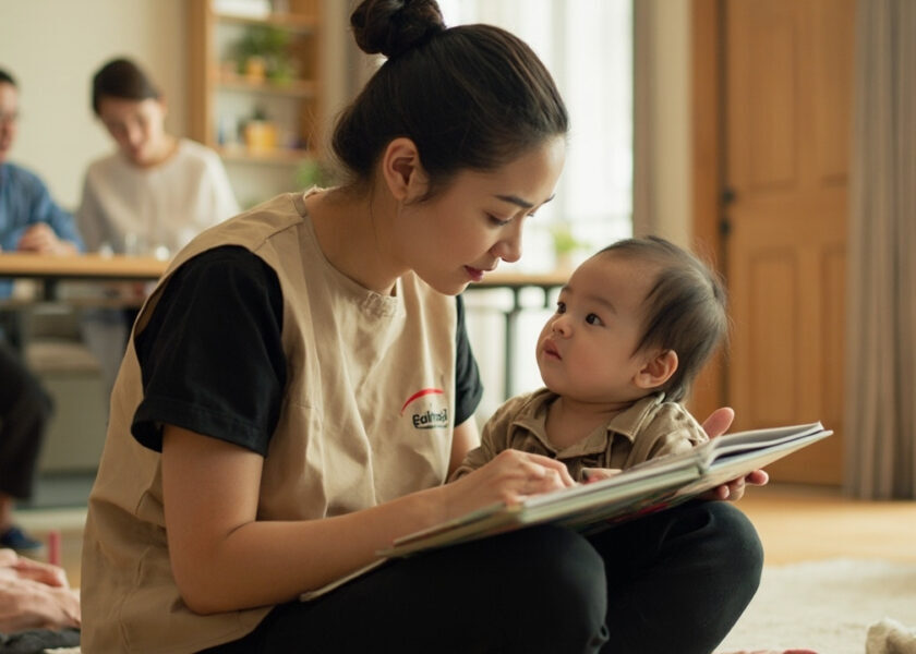 A caregiver in a beige tunic and black sleeves sits on the floor, holding an awake baby while sharing a cloth book. Two adults sit blurred behind them.