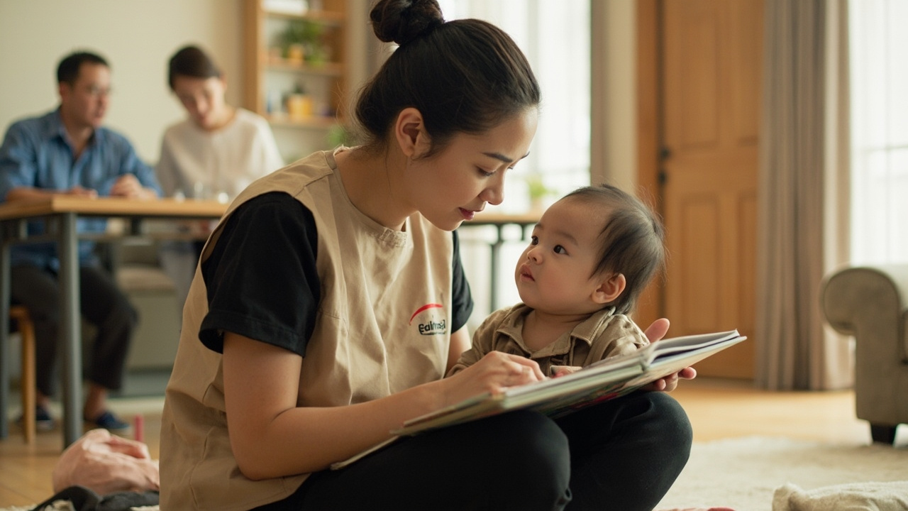 A caregiver in a beige tunic and black sleeves sits on the floor, holding an awake baby while sharing a cloth book. Two adults sit blurred behind them.
