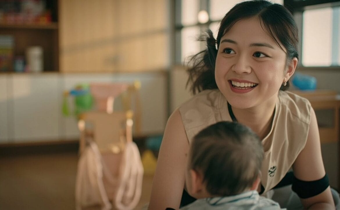 Childminder watches an infant reach for a stable cloth object in a calm childminding room.